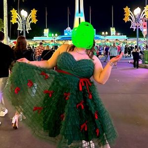 Unique Vintage Emerald Green & Red Ribbon Tulle Cupcake Swing Dress